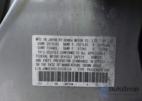 2012 Honda Fit z USA, uszkodzony, nr VIN JHMGE8H31CC034124